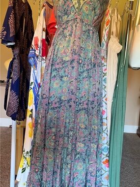 Floral Tiered Maxi Dress in Teal and Pink